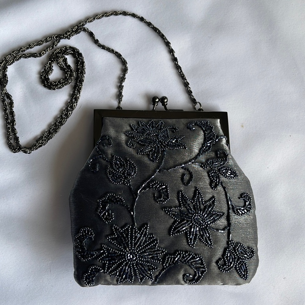 Like new Hillard and Hanson grey beaded purse.